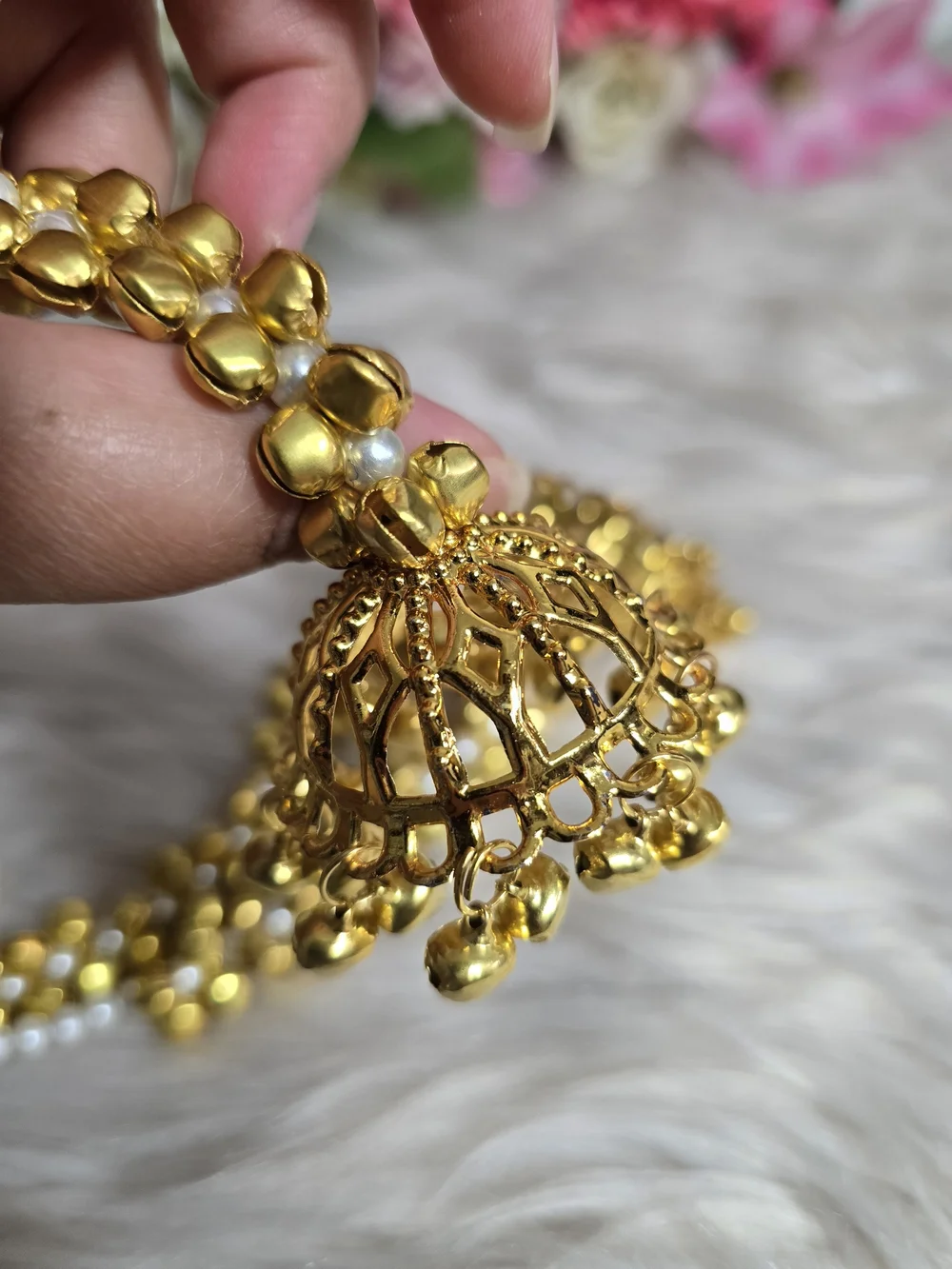 Gold & White Faux Pearl Kashmiri Paranda